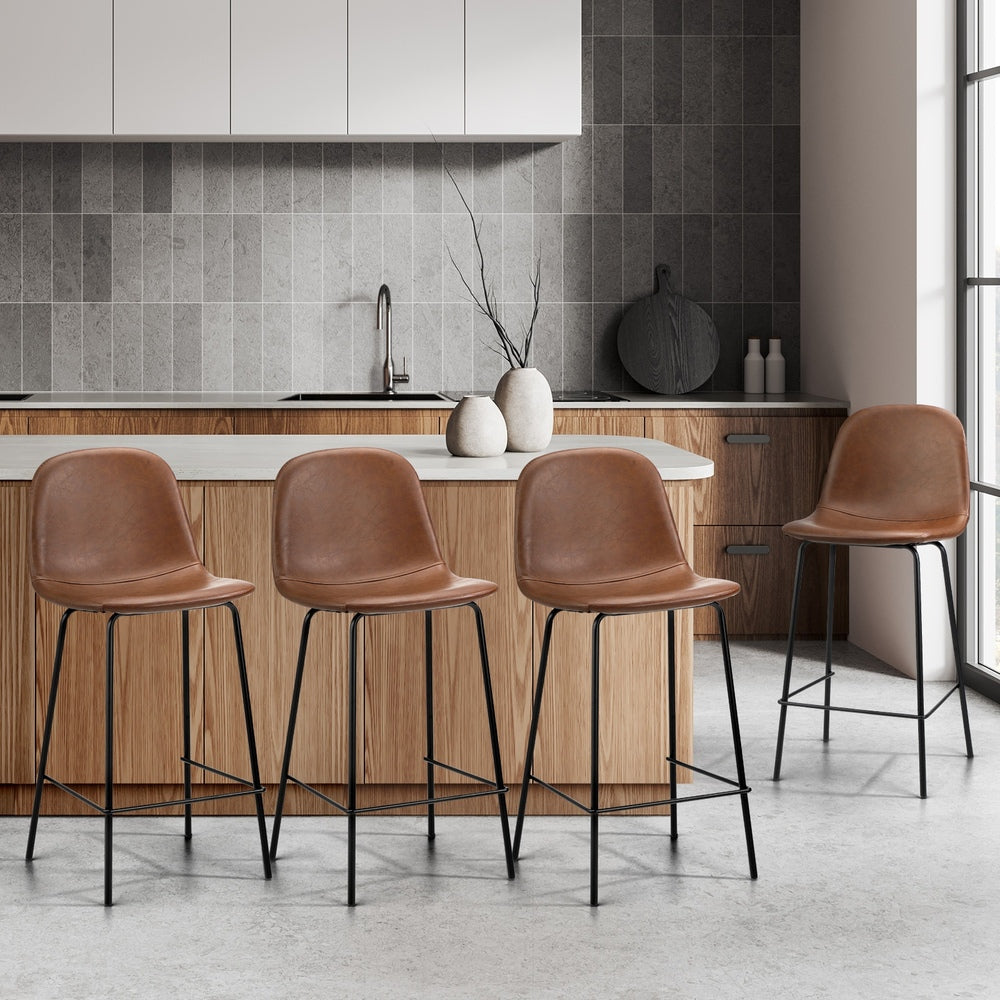 Oikiture 4x Bar Stools Kitchen Dining Chair PU Leather Brown-Bar Stool-PEROZ Accessories