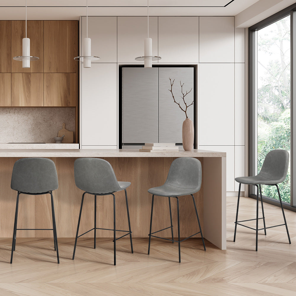 Oikiture 4x Bar Stools Kitchen Dining Chair PU Leather Grey-Bar Stool-PEROZ Accessories