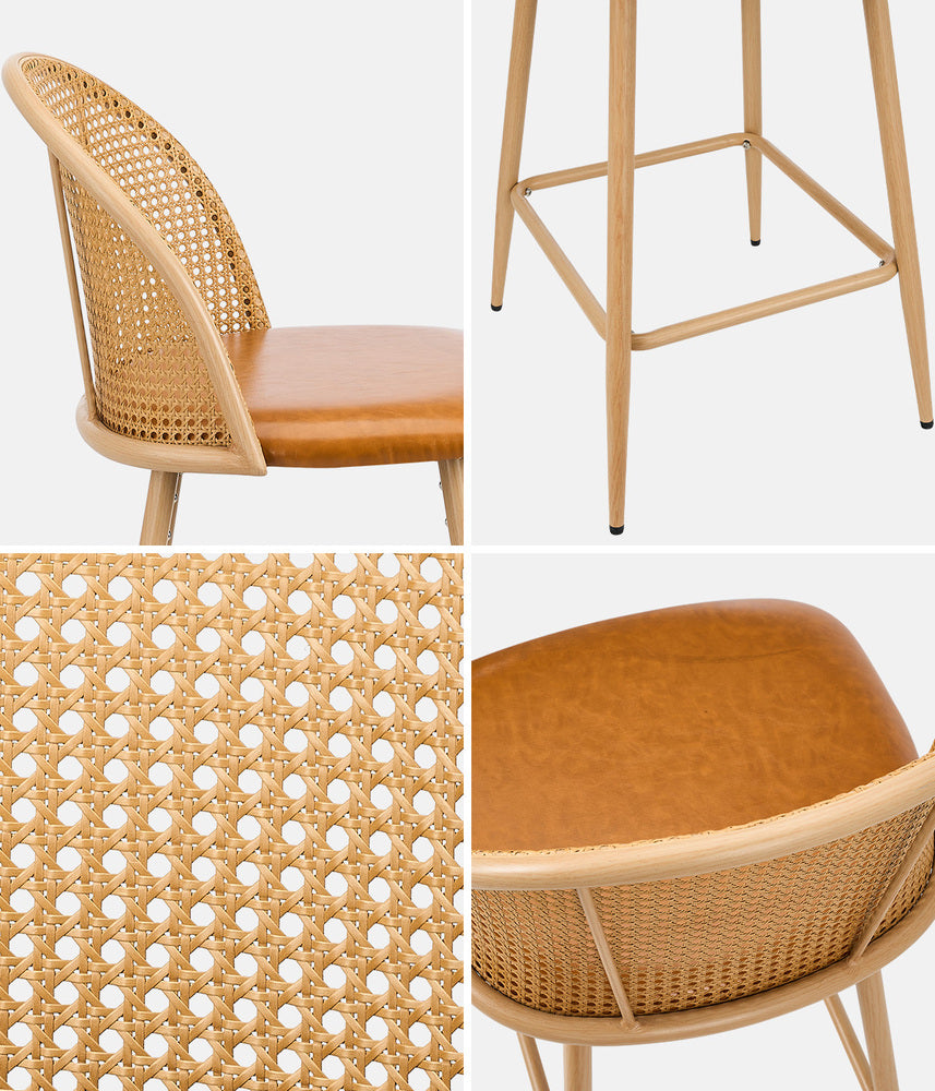 Oikiture 4x Bar Stools Rattan Dining Chair Natural PU Brown-Bar Stool-PEROZ Accessories