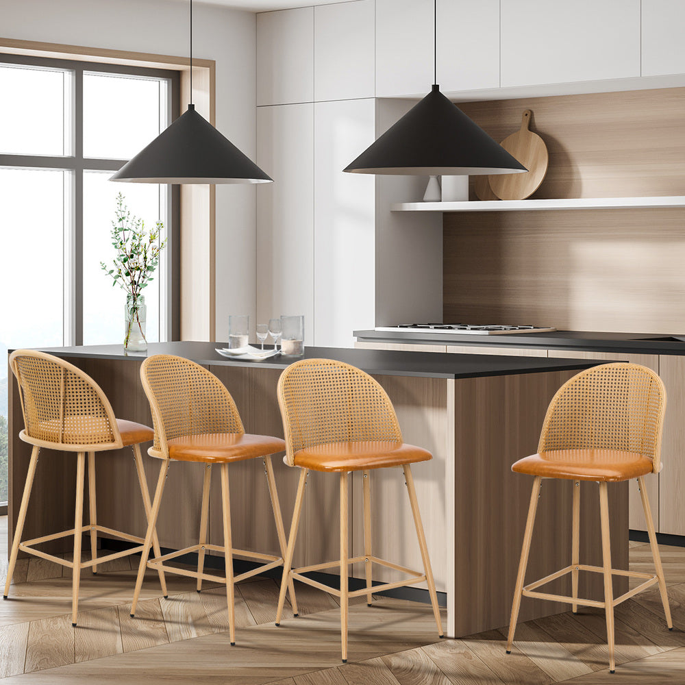 Oikiture 4x Bar Stools Rattan Dining Chair Natural PU Brown-Bar Stool-PEROZ Accessories