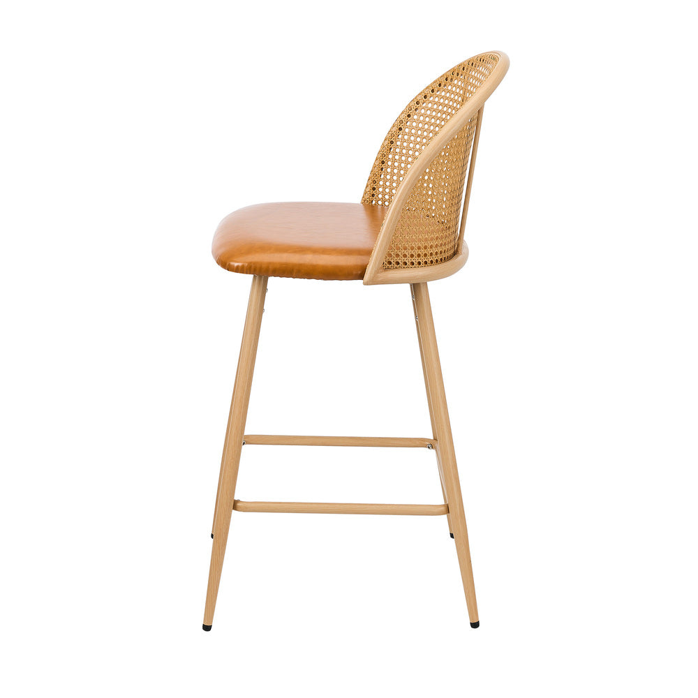 Oikiture 4x Bar Stools Rattan Dining Chair Natural PU Brown-Bar Stool-PEROZ Accessories