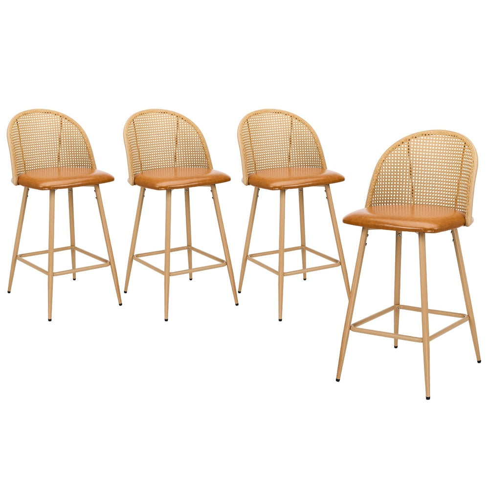 Oikiture 4x Bar Stools Rattan Dining Chair Natural PU Brown-Bar Stool-PEROZ Accessories