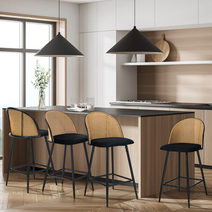Oikiture 4x Bar Stools Rattan Dining Chair Velvet Black-Bar Stool-PEROZ Accessories