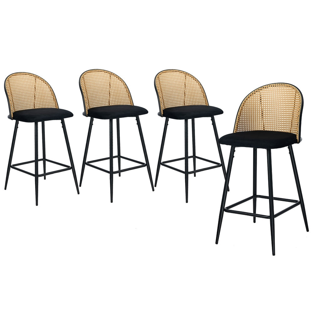 Oikiture 4x Bar Stools Rattan Dining Chair Velvet Black-Bar Stool-PEROZ Accessories