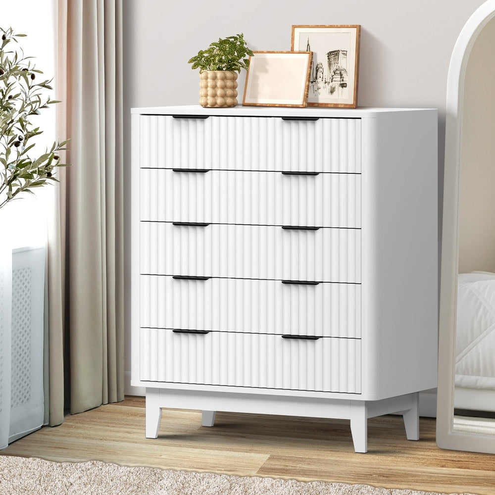 Oikiture 5 Chest of Drawers Dressers Tallboy Stripe White-Chest of Drawers-PEROZ Accessories