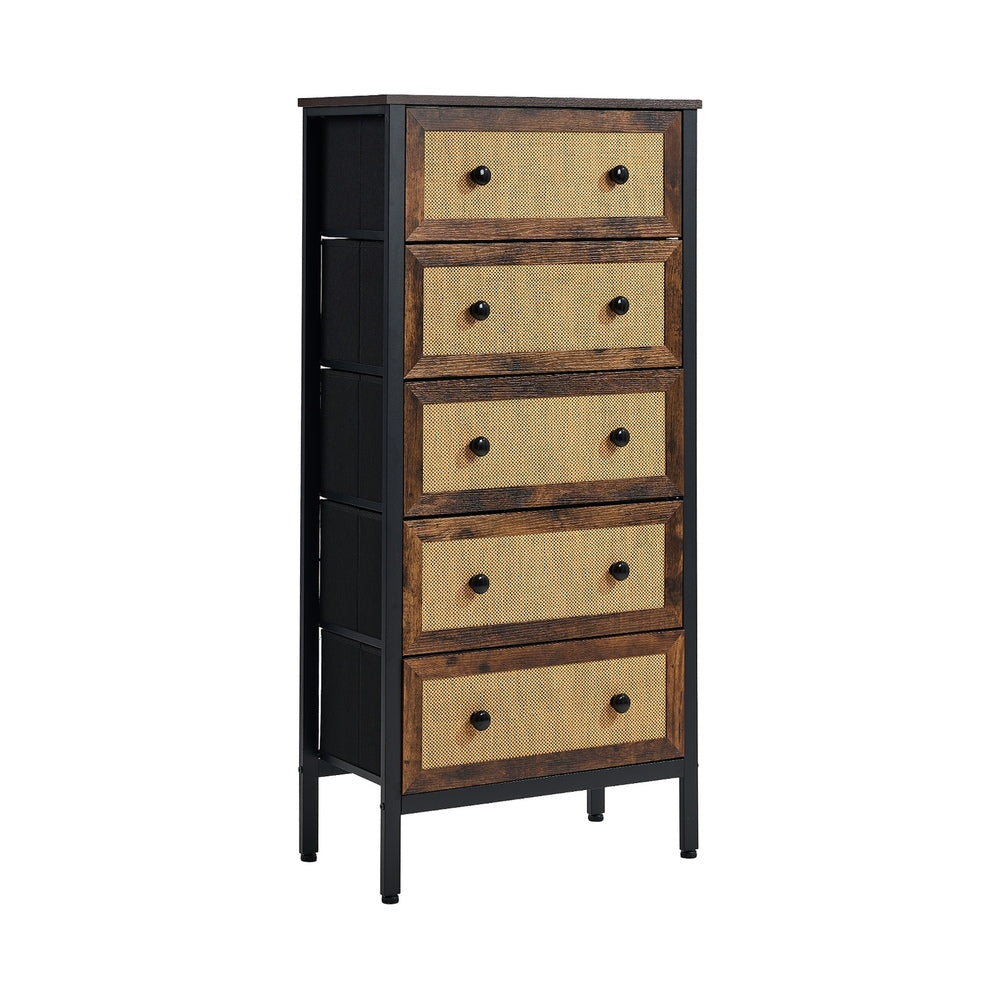 Oikiture 5 Chest of Drawers Rattan Fabric Dresser Tallboy-Chest of Drawers-PEROZ Accessories