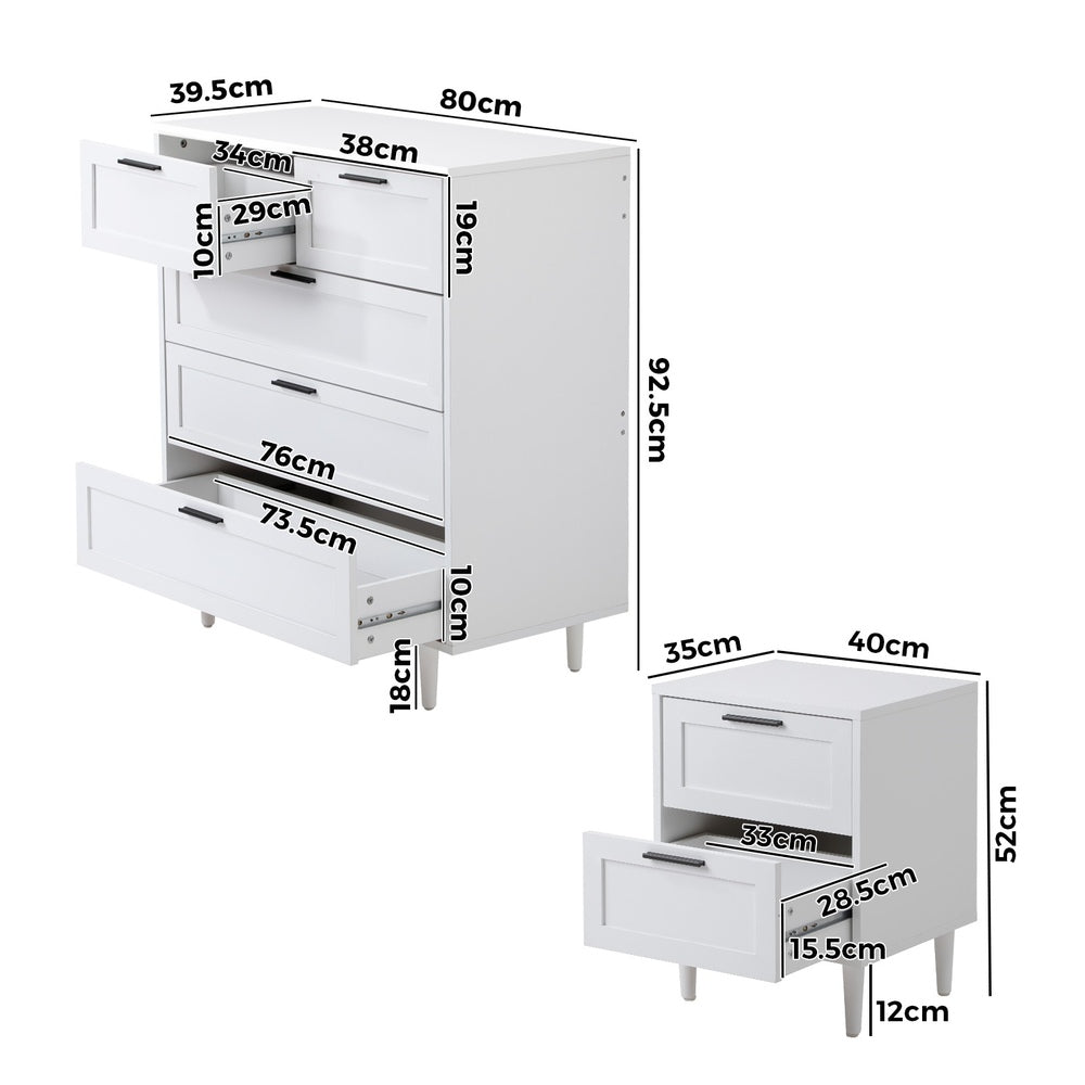 Oikiture 5 Chest of Drawers and 2 Bedside Tables Bedroom Set White-Bedroom Set-PEROZ Accessories