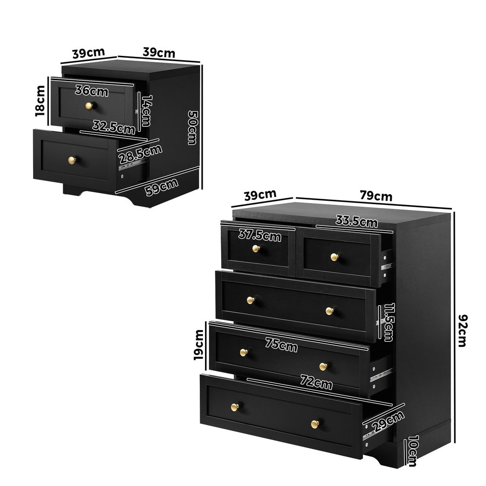 Oikiture 5 Chest of Drawers and Bedside Table Hamptons Furniture Set Black-Chest of Drawers-PEROZ Accessories
