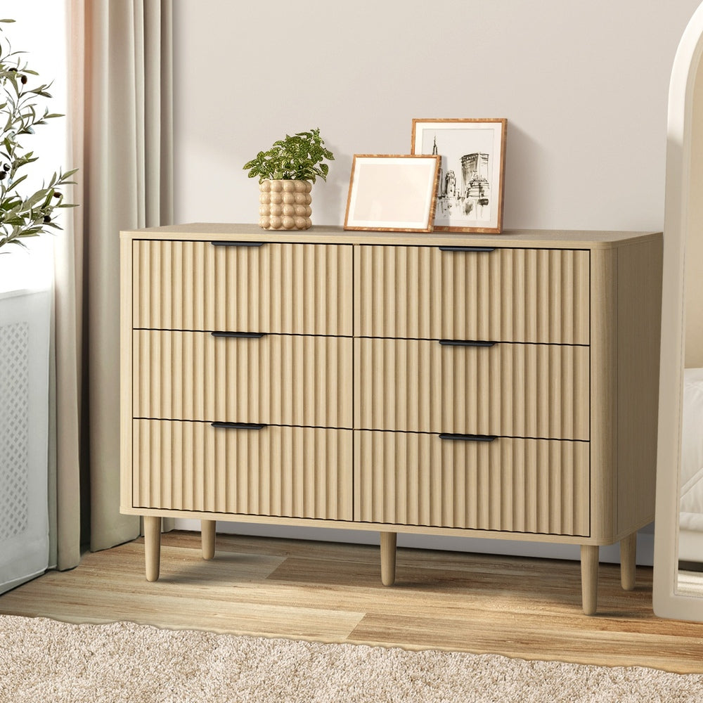 Oikiture 6 Chest of Drawers Dressers Lowboy Stripe Natural-Chest of Drawers-PEROZ Accessories