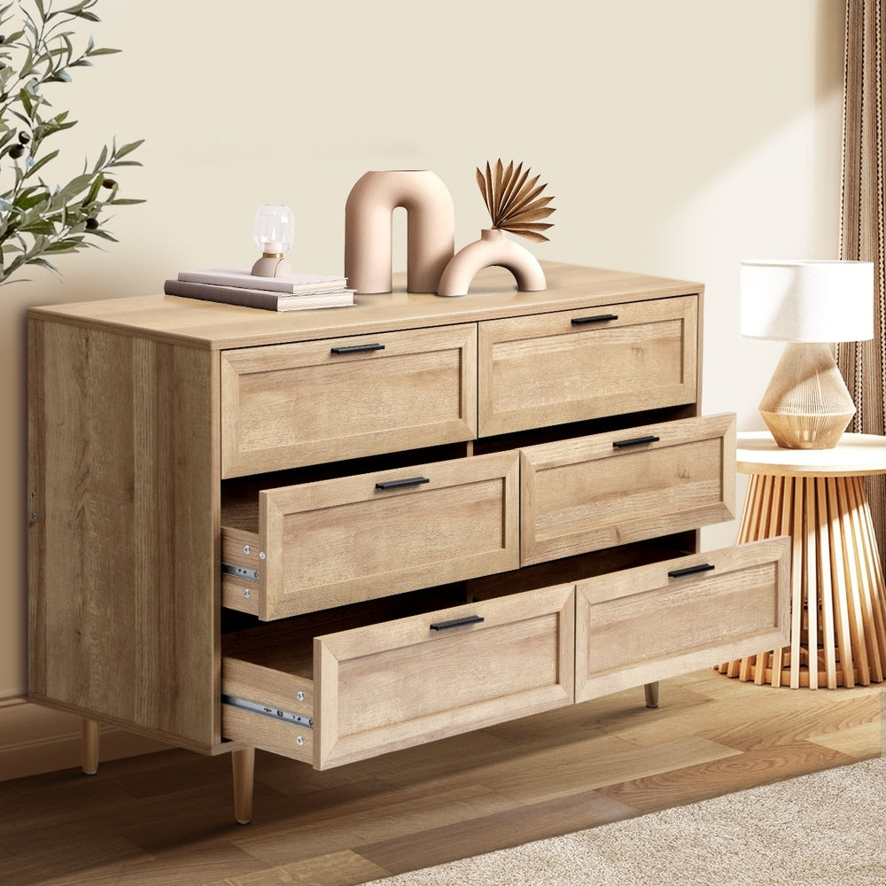 Oikiture 6 Chest of Drawers and 2 Bedside Tables Bedroom Set Natural-Bedroom Set-PEROZ Accessories