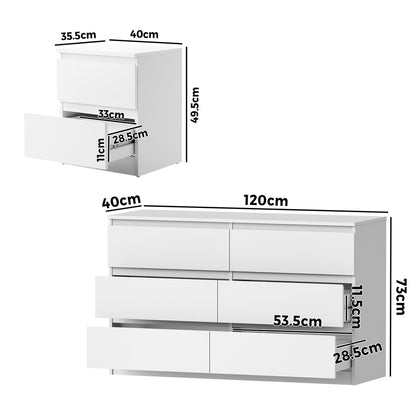 Oikiture 6 Chest of Drawers and 2 Bedside Tables Bedroom Set White-Chest of Drawers-PEROZ Accessories