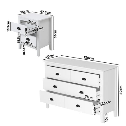 Oikiture 6 Chest of Drawers and 2 Bedside Tables Vintage Bedroom Set White-Chest of Drawers-PEROZ Accessories