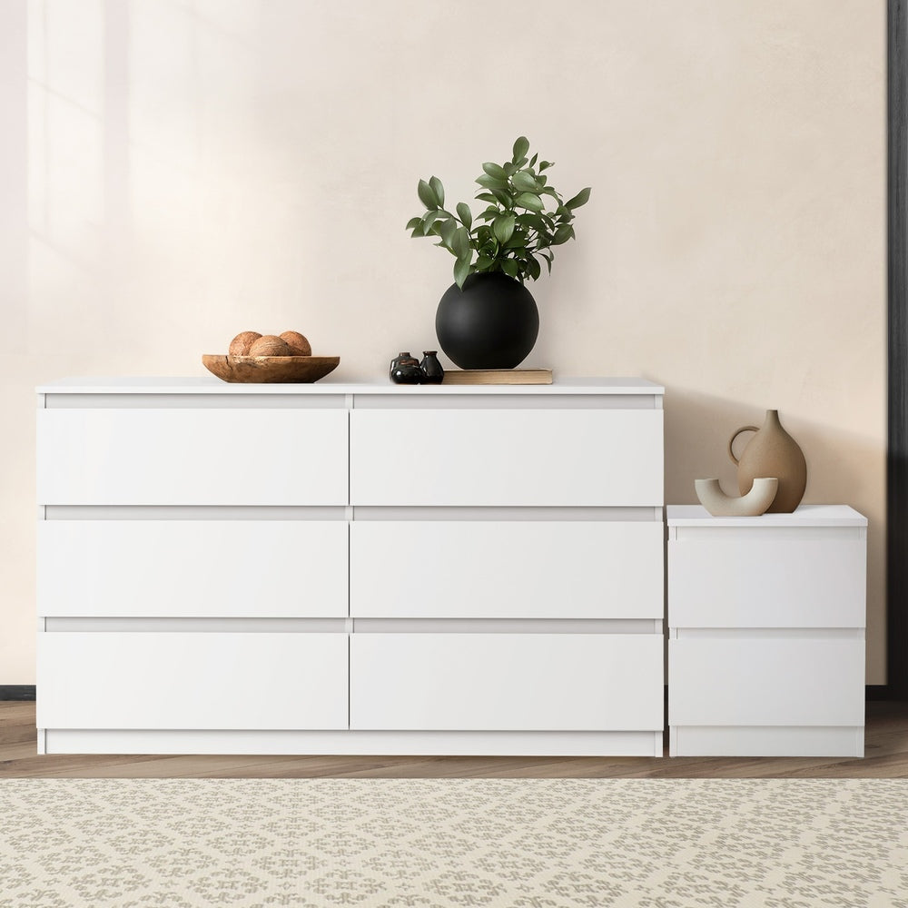 Oikiture 6 Chest of Drawers and Bedside Table Cabinet Bedroom Set White-Chest of Drawers-PEROZ Accessories