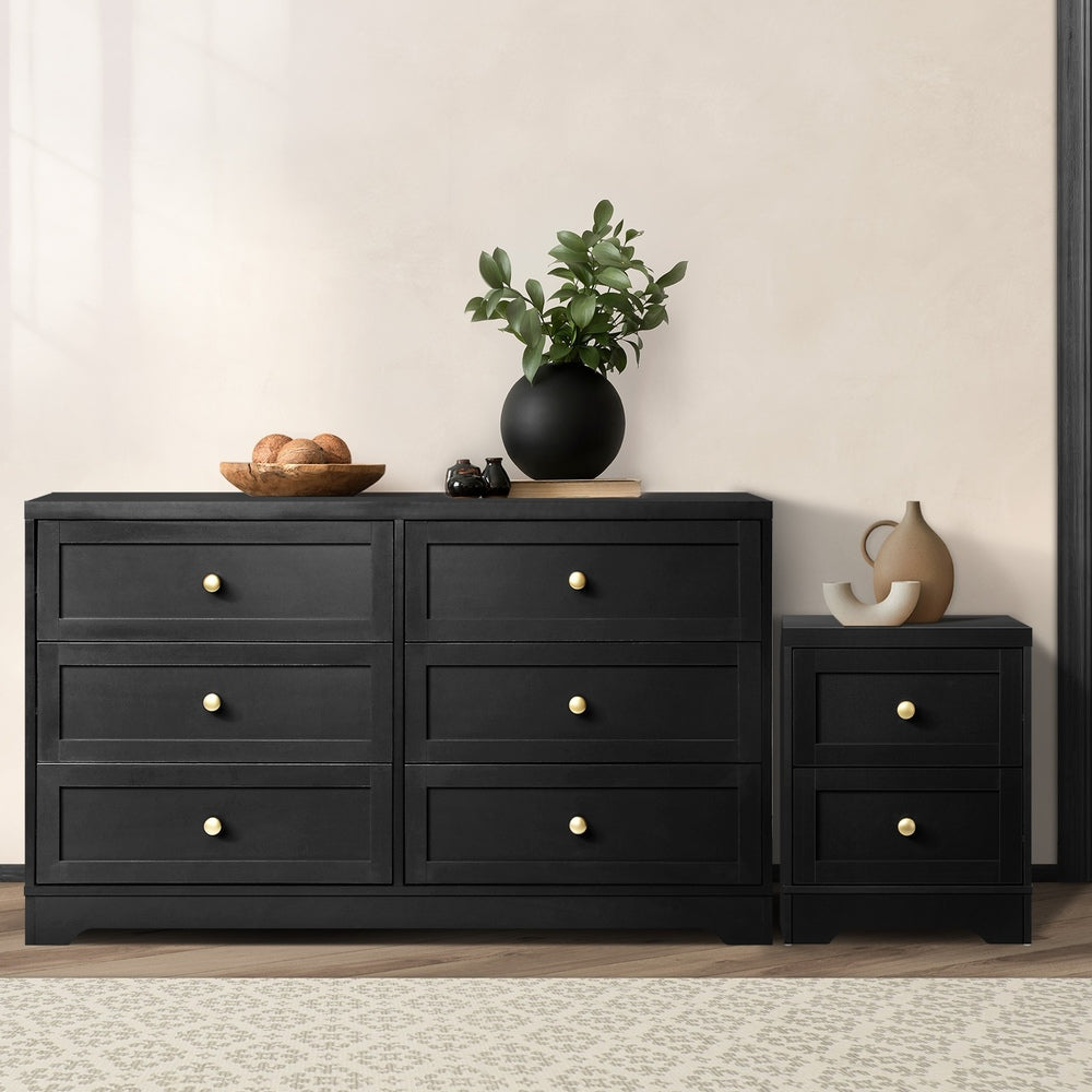 Oikiture 6 Chest of Drawers and Bedside Table Hamptons Furniture Set Black-Chest of Drawers-PEROZ Accessories