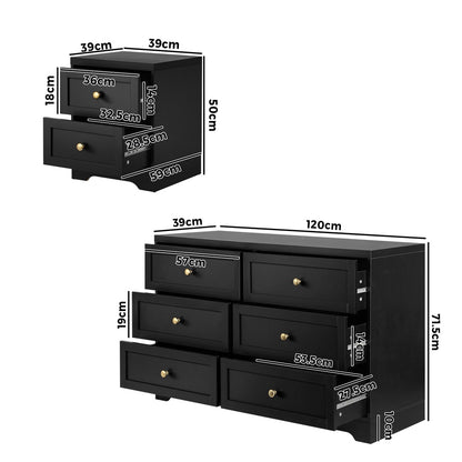 Oikiture 6 Chest of Drawers and Bedside Table Hamptons Furniture Set Black-Chest of Drawers-PEROZ Accessories