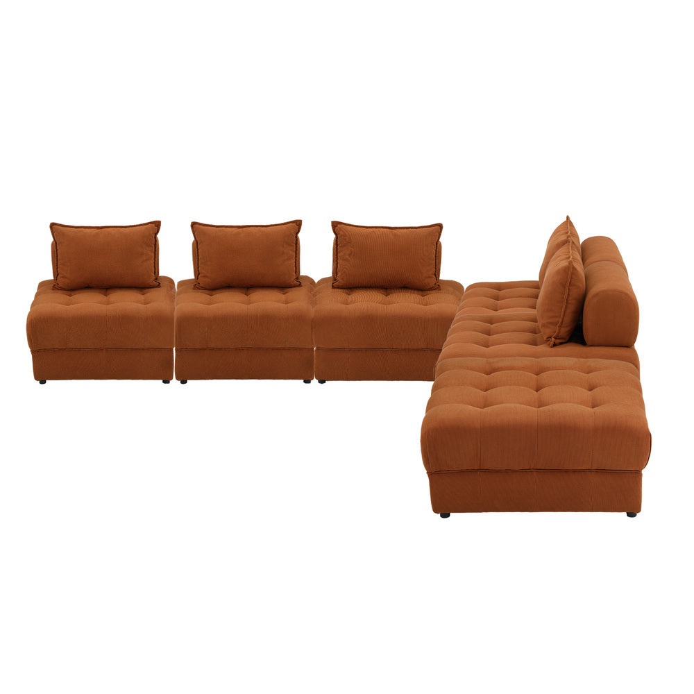 Oikiture 6 Seater Velvet Modular Sofa &amp; Ottoman Set with Backrest Brown-Armchair-PEROZ Accessories