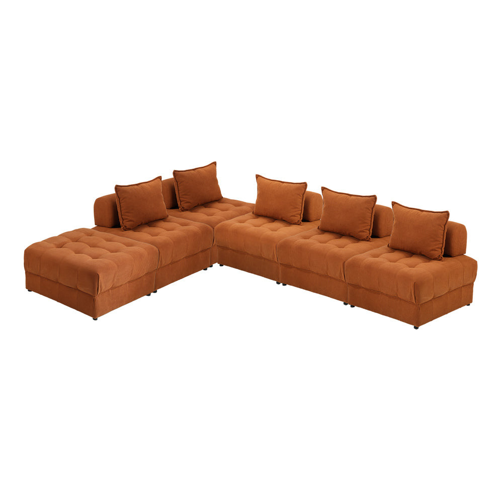 Oikiture 6 Seater Velvet Modular Sofa &amp; Ottoman Set with Backrest Brown-Armchair-PEROZ Accessories