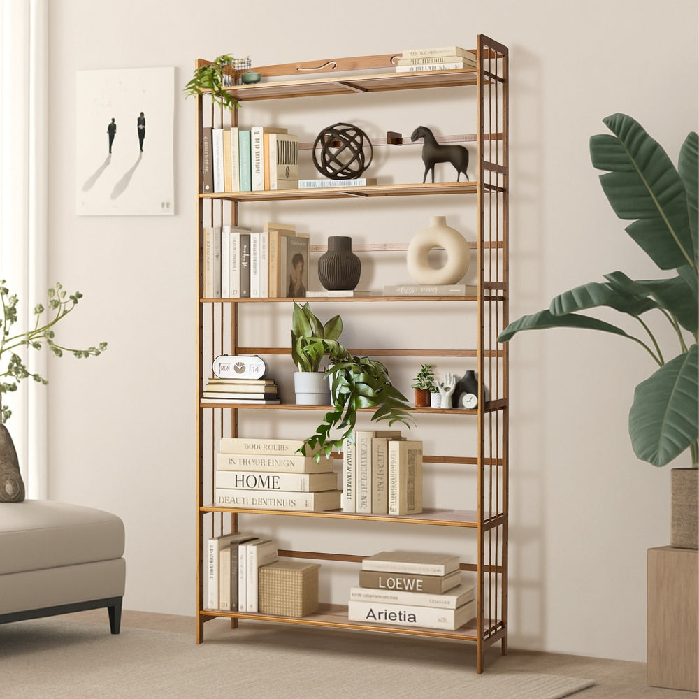 Oikiture 6-tier Bamboo Bookshelf Bookcase Adjustable Display Shelf-Bookshelf-PEROZ Accessories