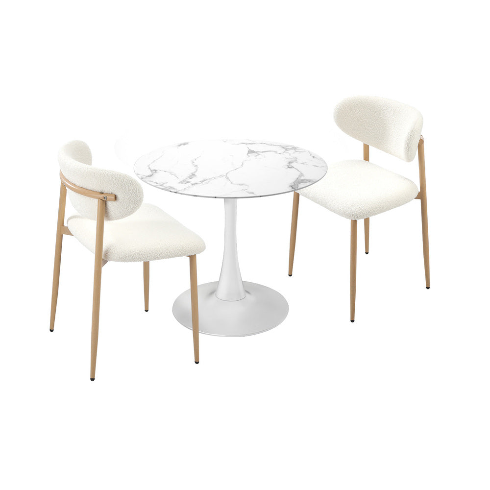 Oikiture 60cm Round Dining Table with 2x Dining Chairs Boucle White-Dining Set-PEROZ Accessories