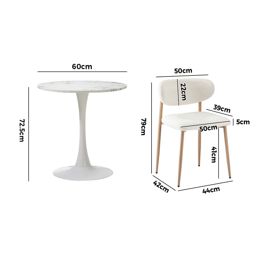 Oikiture 60cm Round Dining Table with 2x Dining Chairs Boucle White-Dining Set-PEROZ Accessories