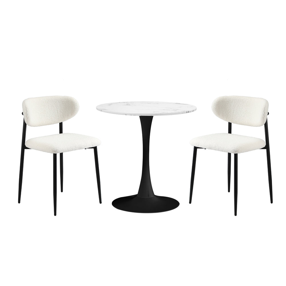 Oikiture 60cm Round Dining Table with 2x Dining Chairs Boucle White&amp;Black-Dining Sets-PEROZ Accessories