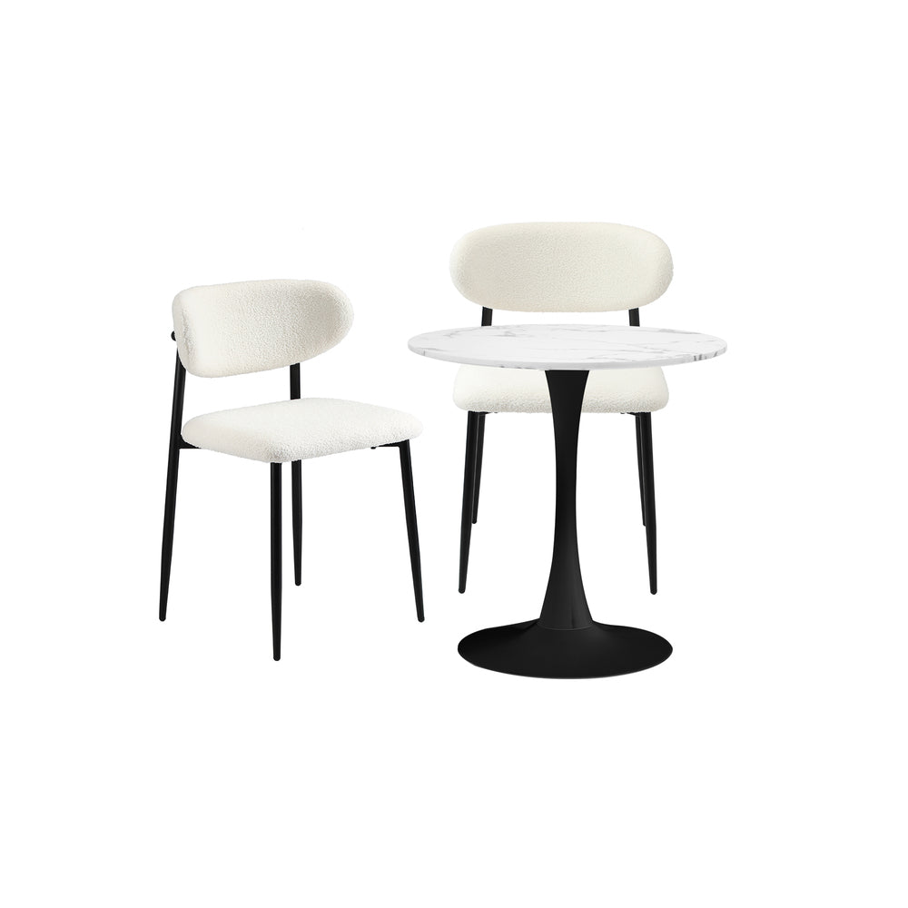Oikiture 60cm Round Dining Table with 2x Dining Chairs Boucle White&amp;Black-Dining Sets-PEROZ Accessories