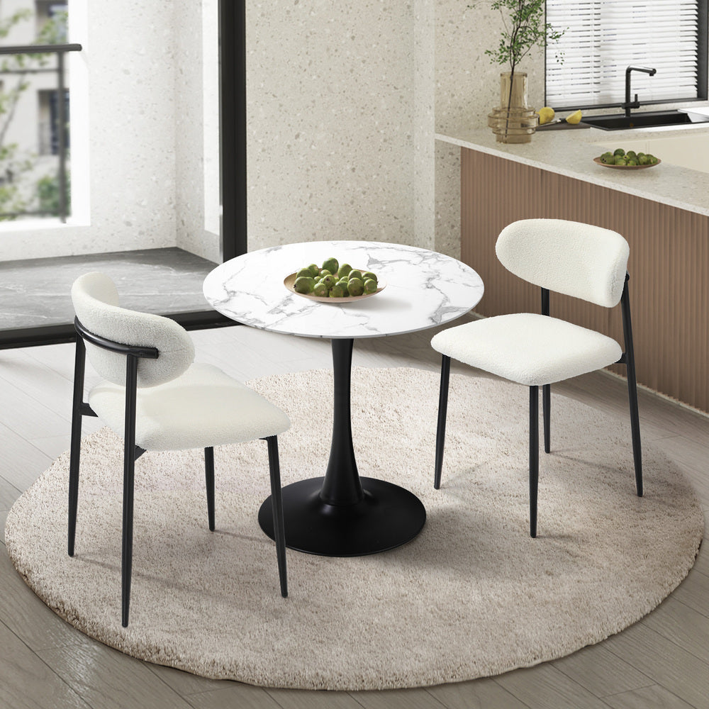 Oikiture 60cm Round Dining Table with 2x Dining Chairs Boucle White&amp;Black-Dining Sets-PEROZ Accessories