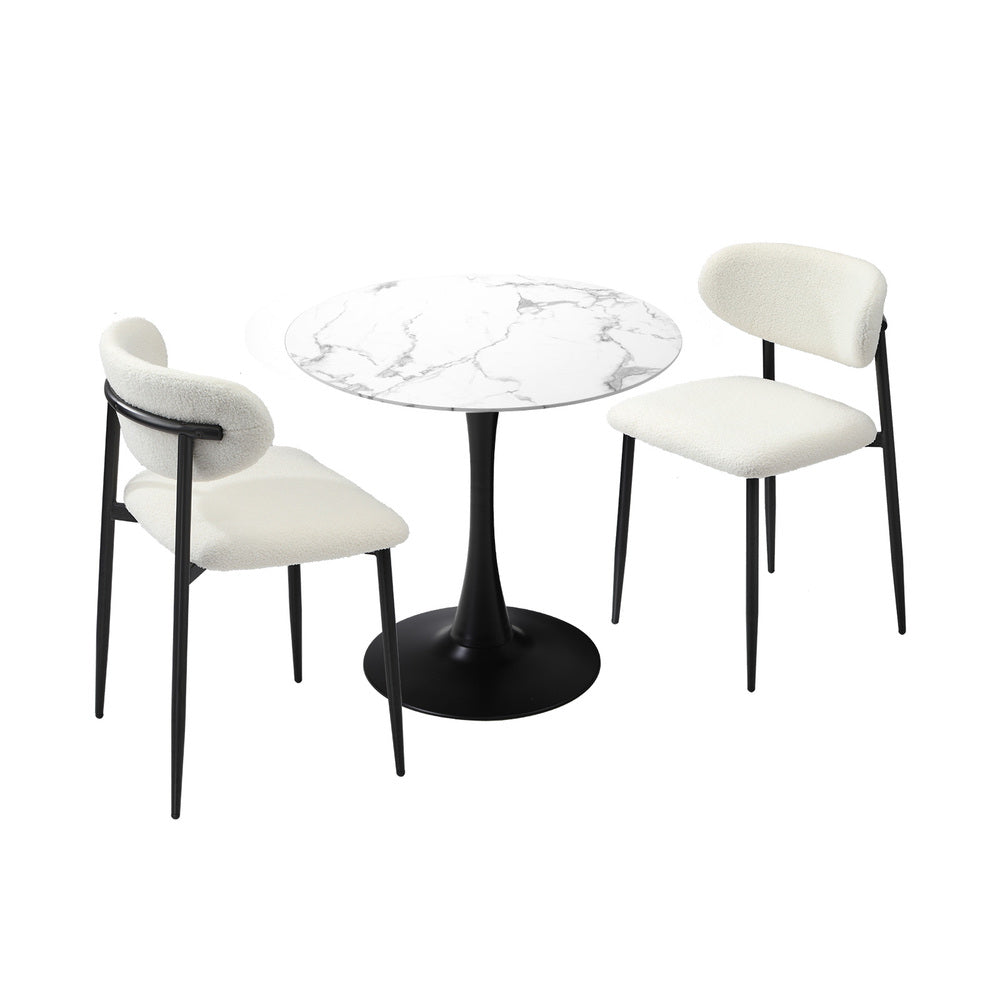 Oikiture 60cm Round Dining Table with 2x Dining Chairs Boucle White&amp;Black-Dining Sets-PEROZ Accessories