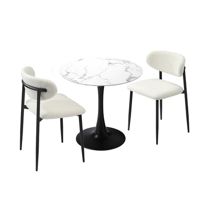 Oikiture 60cm Round Dining Table with 2x Dining Chairs Boucle White&amp;Black-Dining Sets-PEROZ Accessories