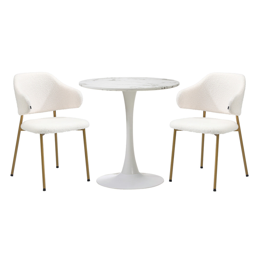 Oikiture 60cm Round Dining Table with 2x Dining Chairs Sherpa Gold &amp; White-Dining Set-PEROZ Accessories