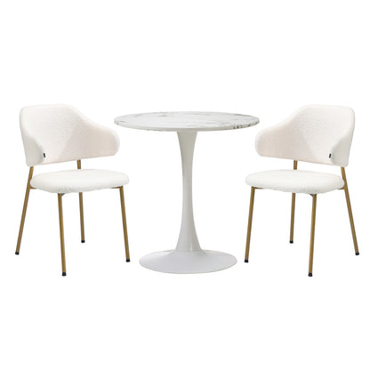 Oikiture 60cm Round Dining Table with 2x Dining Chairs Sherpa Gold &amp; White-Dining Set-PEROZ Accessories