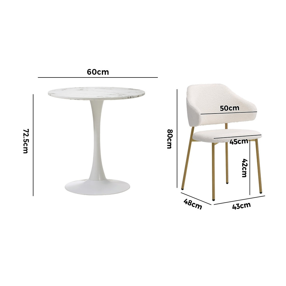Oikiture 60cm Round Dining Table with 2x Dining Chairs Sherpa Gold &amp; White-Dining Set-PEROZ Accessories