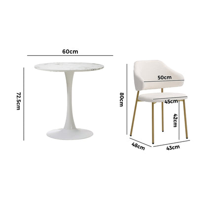 Oikiture 60cm Round Dining Table with 2x Dining Chairs Sherpa Gold &amp; White-Dining Set-PEROZ Accessories
