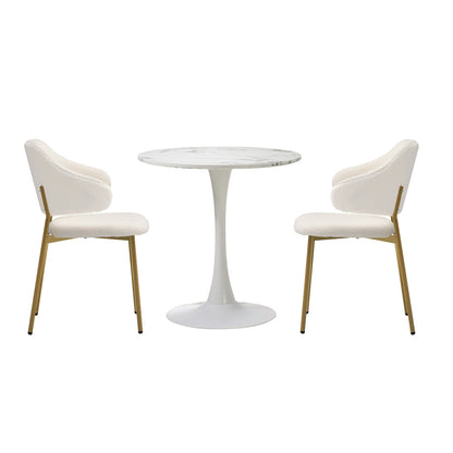 Oikiture 60cm Round Dining Table with 2x Dining Chairs Sherpa Gold &amp; White-Dining Set-PEROZ Accessories