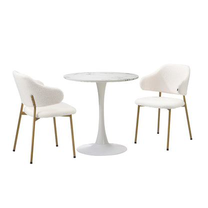Oikiture 60cm Round Dining Table with 2x Dining Chairs Sherpa Gold &amp; White-Dining Set-PEROZ Accessories