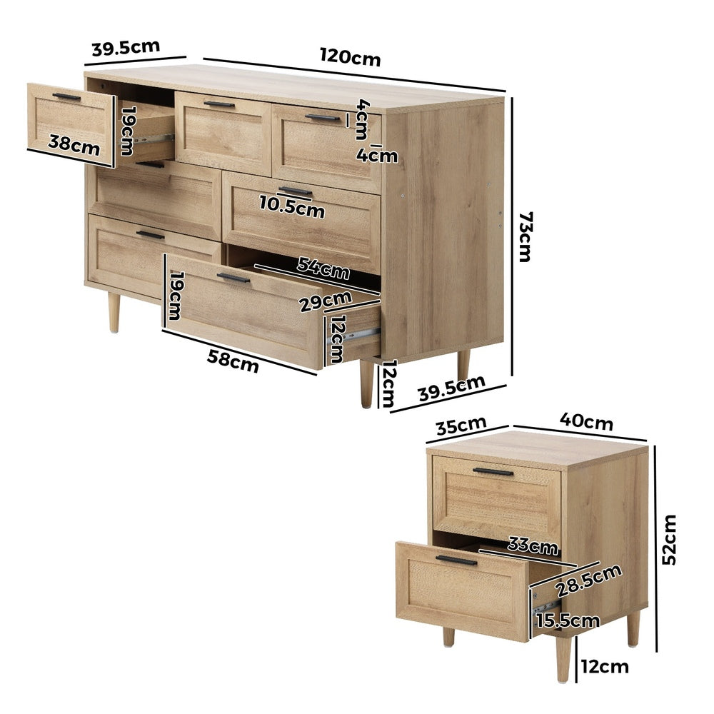 Oikiture 7 Chest of Drawers and 2 Bedside Tables Bedroom Set Natural-Bedroom Set-PEROZ Accessories