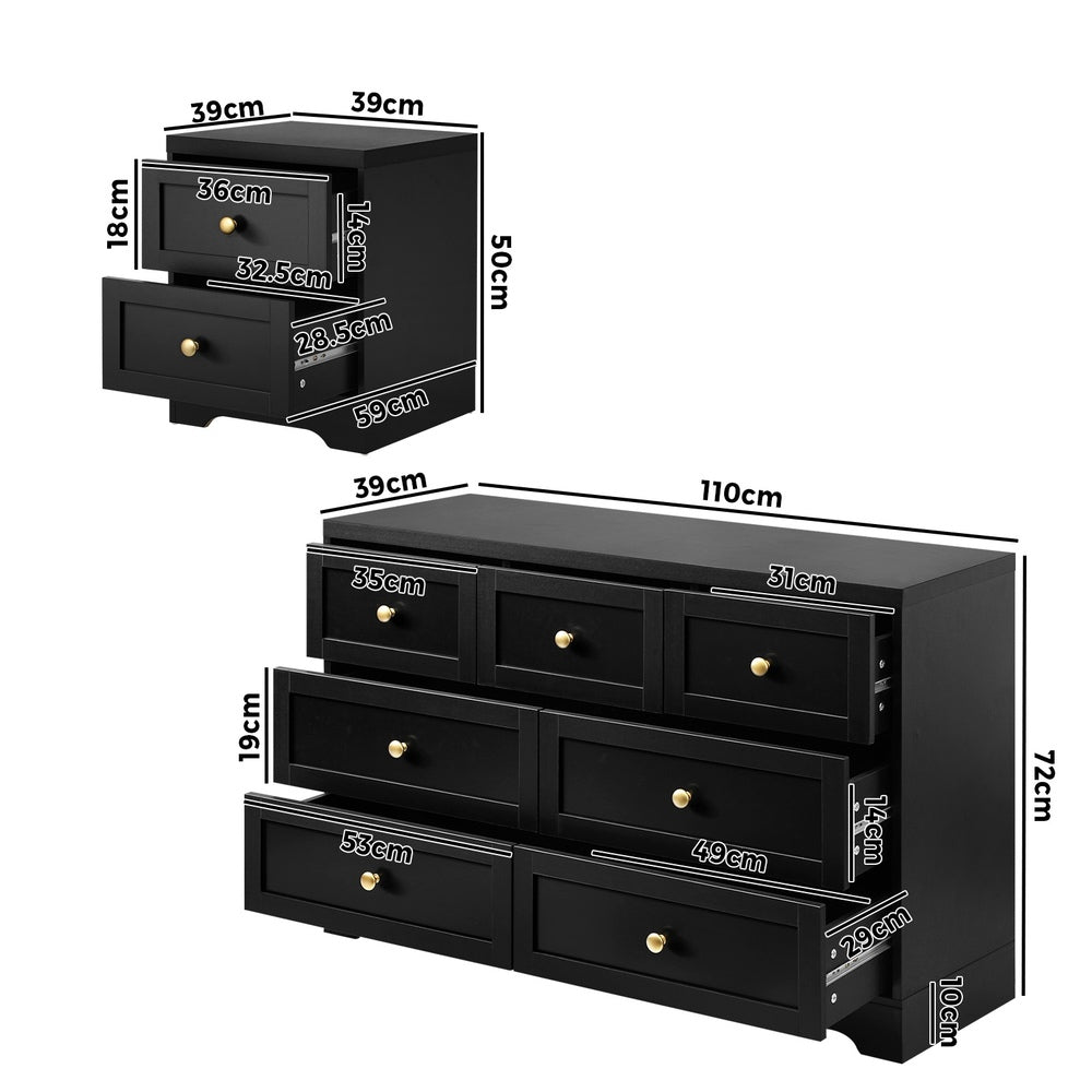 Oikiture 7 Chest of Drawers and Bedside Table Hamptons Furniture Set Black-Chest of Drawers-PEROZ Accessories