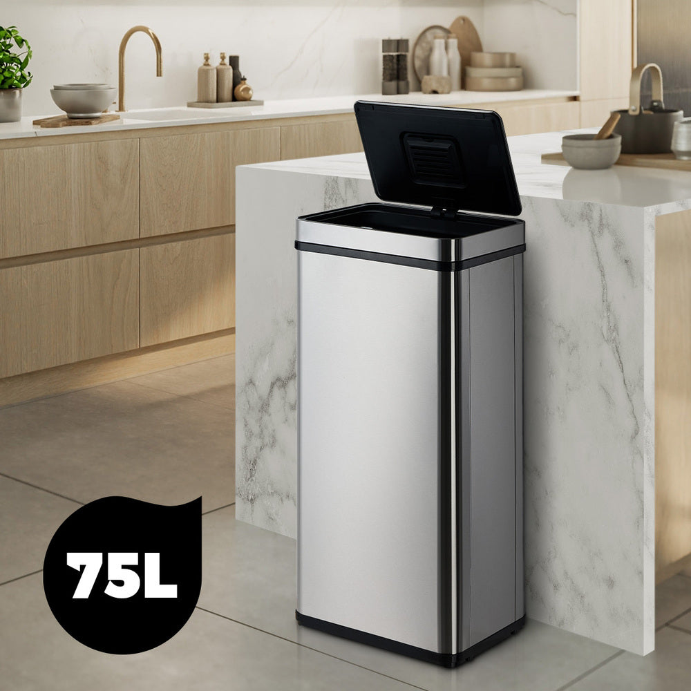 Oikiture 75L Motion Sensor Bin Automatic Rubbish Trash Can Silver-Sensor Bin-PEROZ Accessories