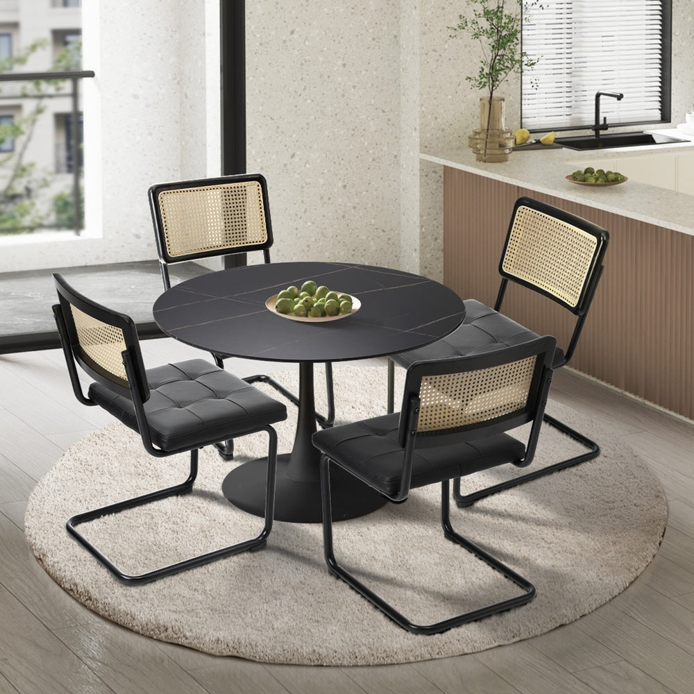 Oikiture 90cm Round Dining Table with 4PCS Dining Chairs PU Leather Black-Dining Sets-PEROZ Accessories