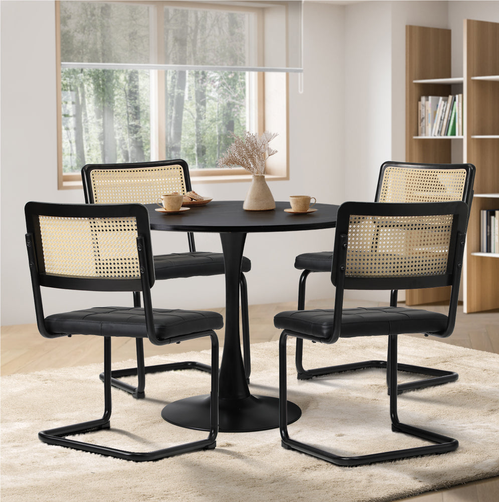 Oikiture 90cm Round Dining Table with 4PCS Dining Chairs PU Leather Black-Dining Sets-PEROZ Accessories