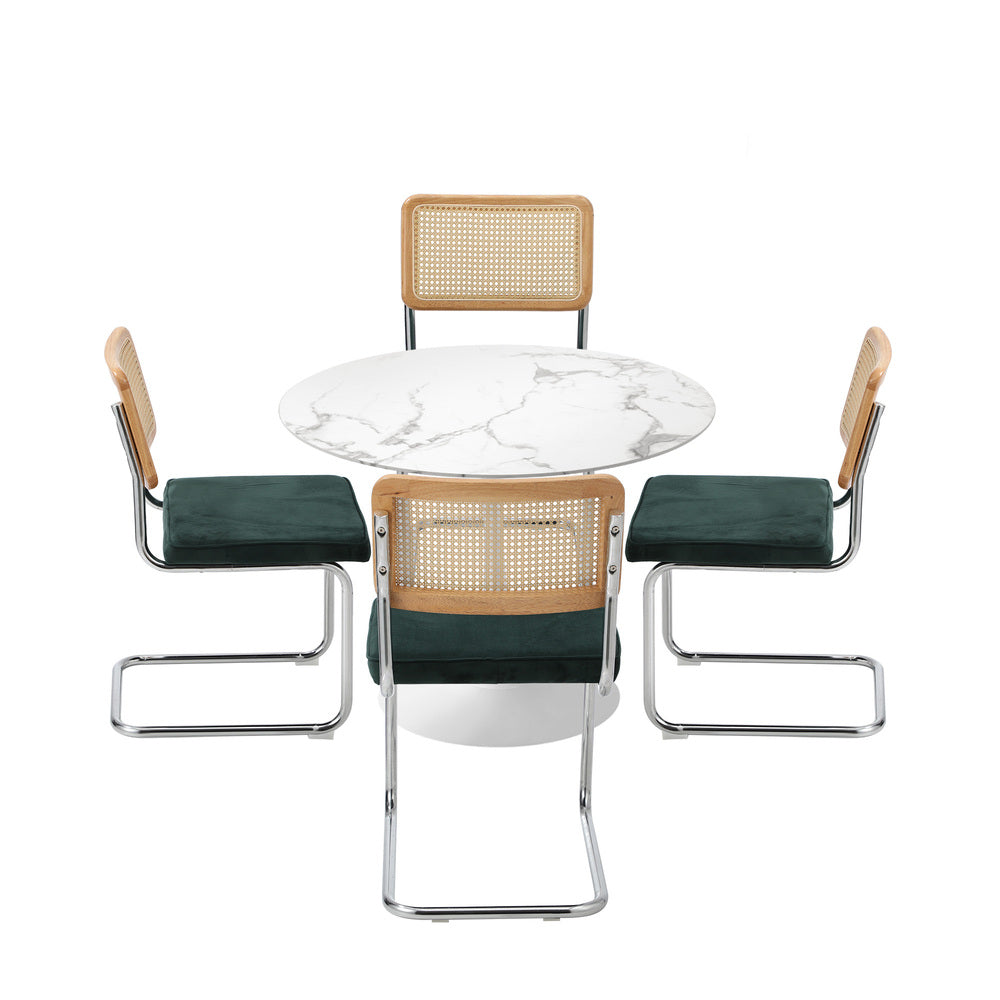 Oikiture 90cm Round Dining Table with 4PCS Dining Chairs Velvet White&amp;Green-Dining Sets-PEROZ Accessories