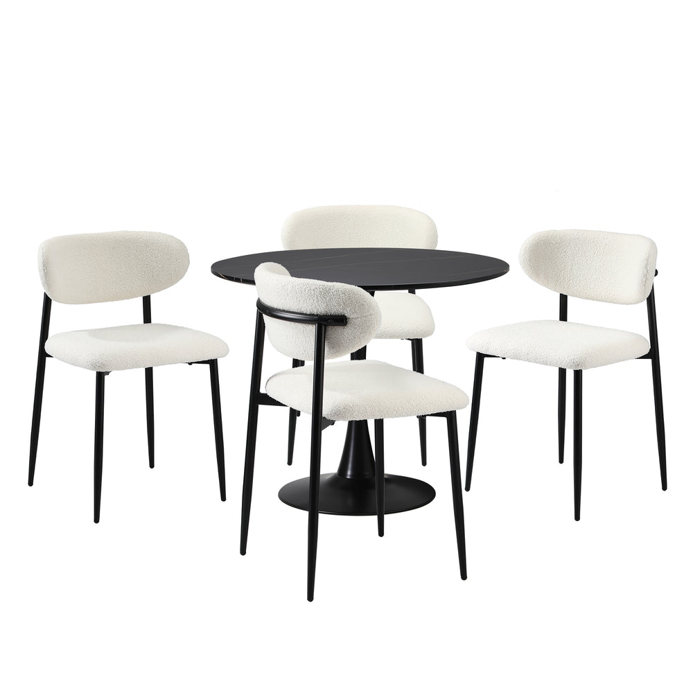 Oikiture 90cm Round Dining Table with 4x Dining Chairs Boucle Black &amp; White-Dining Set-PEROZ Accessories