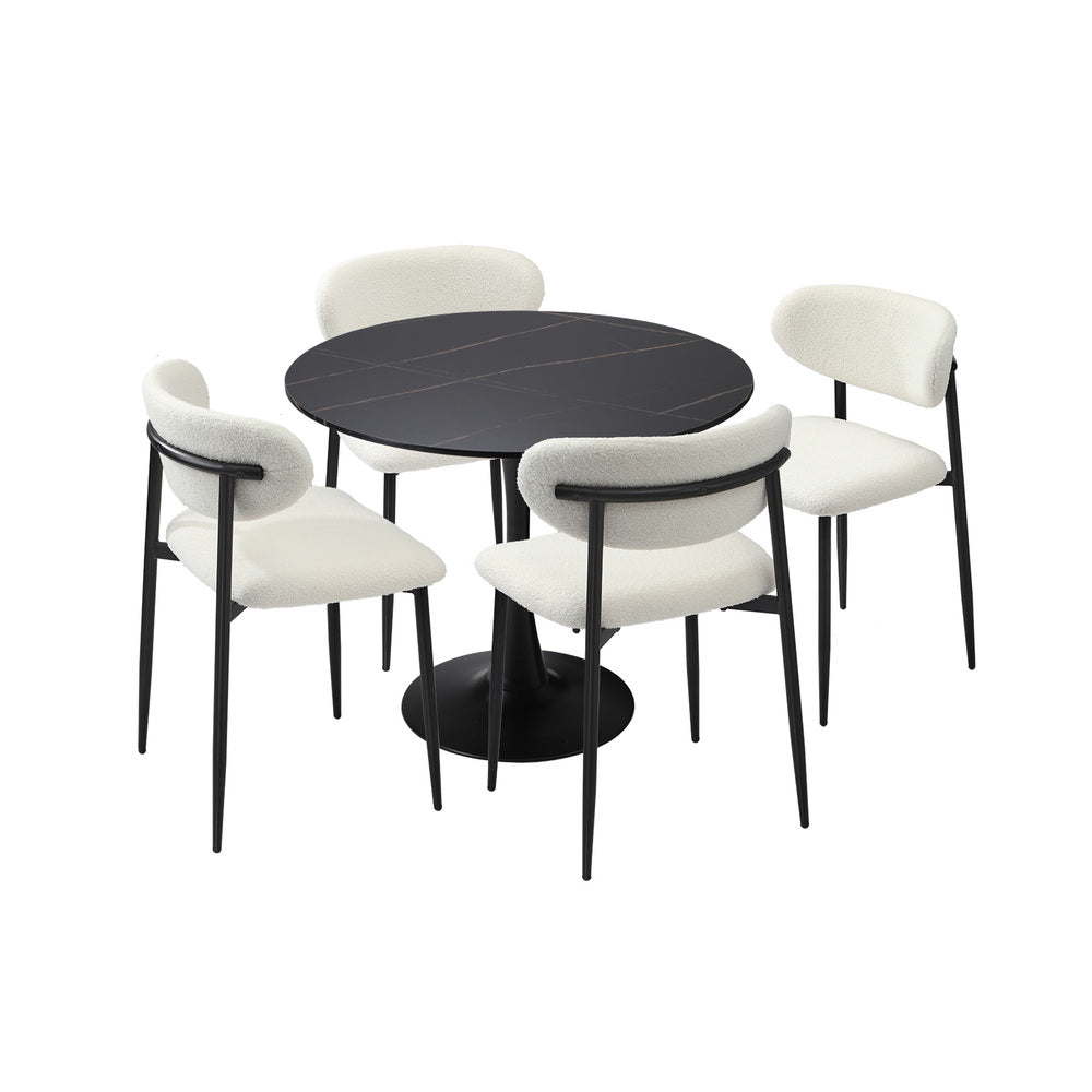 Oikiture 90cm Round Dining Table with 4x Dining Chairs Boucle Black &amp; White-Dining Set-PEROZ Accessories