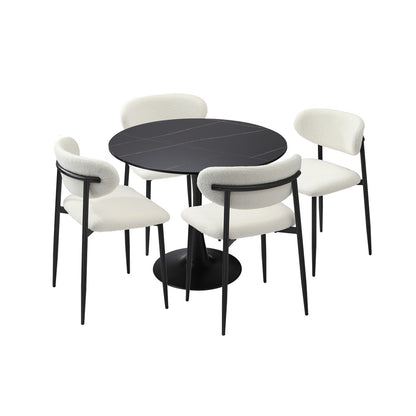 Oikiture 90cm Round Dining Table with 4x Dining Chairs Boucle Black &amp; White-Dining Set-PEROZ Accessories
