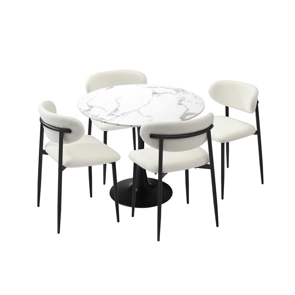 Oikiture 90cm Round Dining Table with 4x Dining Chairs Boucle White-Dining Set-PEROZ Accessories