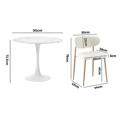 Oikiture 90cm Round Dining Table with 4x Dining Chairs Boucle White&amp;Gold-Dining Sets-PEROZ Accessories