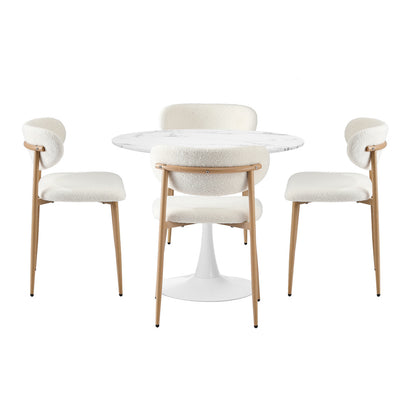 Oikiture 90cm Round Dining Table with 4x Dining Chairs Boucle White&amp;Gold-Dining Sets-PEROZ Accessories