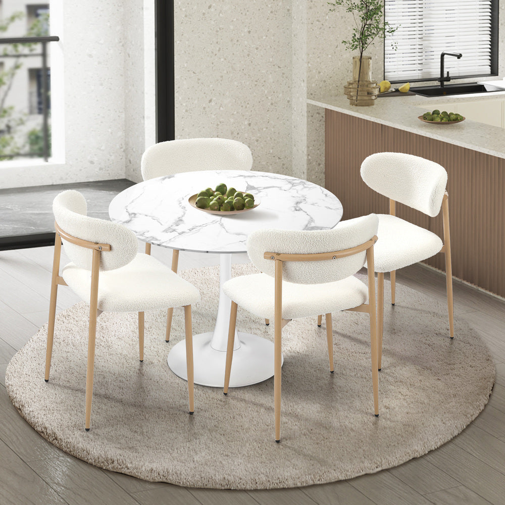 Oikiture 90cm Round Dining Table with 4x Dining Chairs Boucle White&amp;Gold-Dining Sets-PEROZ Accessories