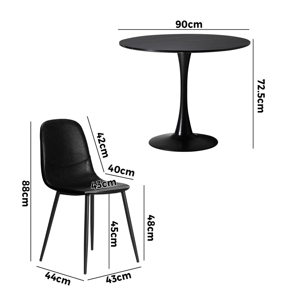 Oikiture 90cm Round Dining Table with 4x Dining Chairs PU Leather Black-Dining Set-PEROZ Accessories