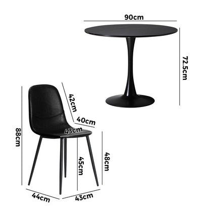 Oikiture 90cm Round Dining Table with 4x Dining Chairs PU Leather Black-Dining Set-PEROZ Accessories